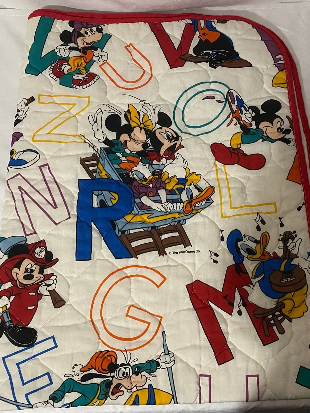 Vintage Disney White Quilted Throw Blanket with Multicolor Character Print